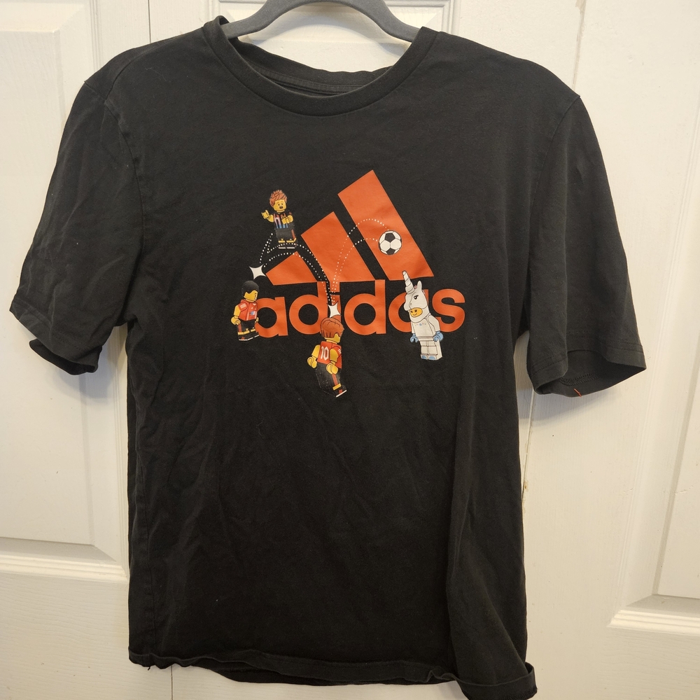 adidas Black Short Sleeve Tee with Orange Logo & Soccer Characters